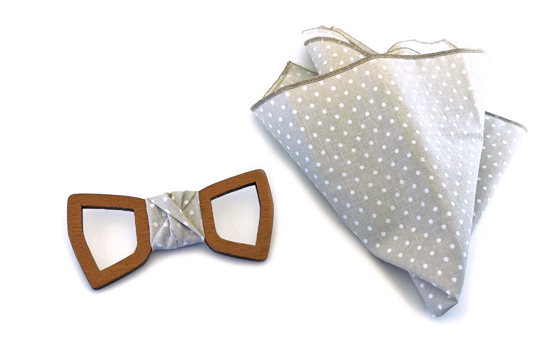 papillon legno mogano bucato fazzoletto taschino beige pois bianchi