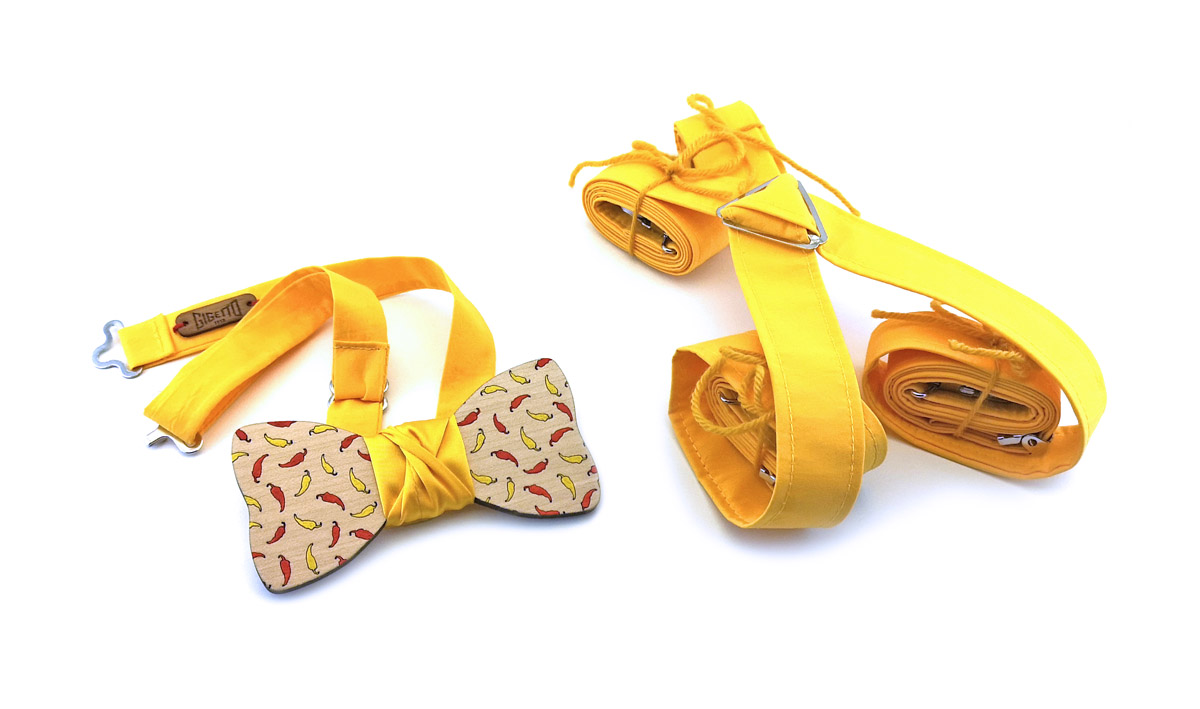 papillon legno pepper peperoncini rosso giallo bretelle stoffa Gigetto