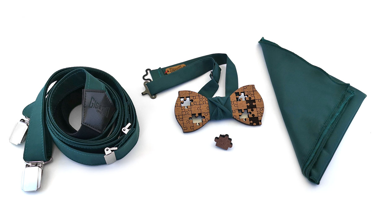 papillon legno puzzle mogano spilla fazzoletto taschino bretelle verdi nero cucite a mano Gigetto