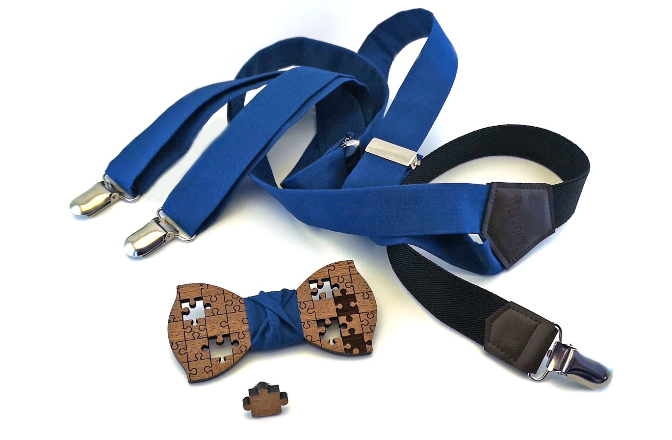 bretelle papillon legno puzzle spilla blu gigetto