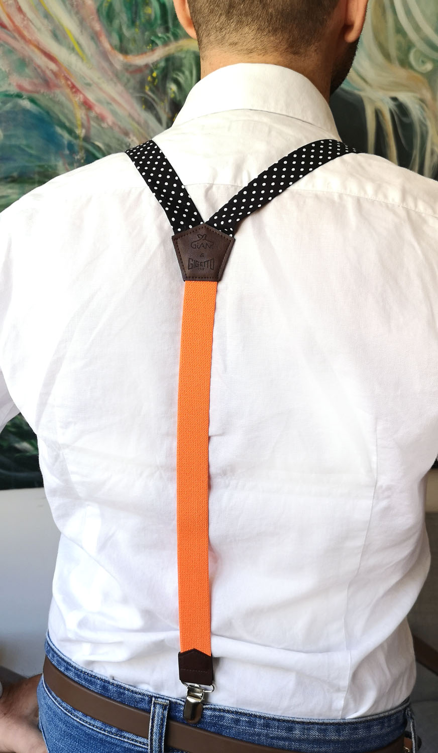 bretelle stoffa artigianali nero pois bianco arancione gigetto personalizza