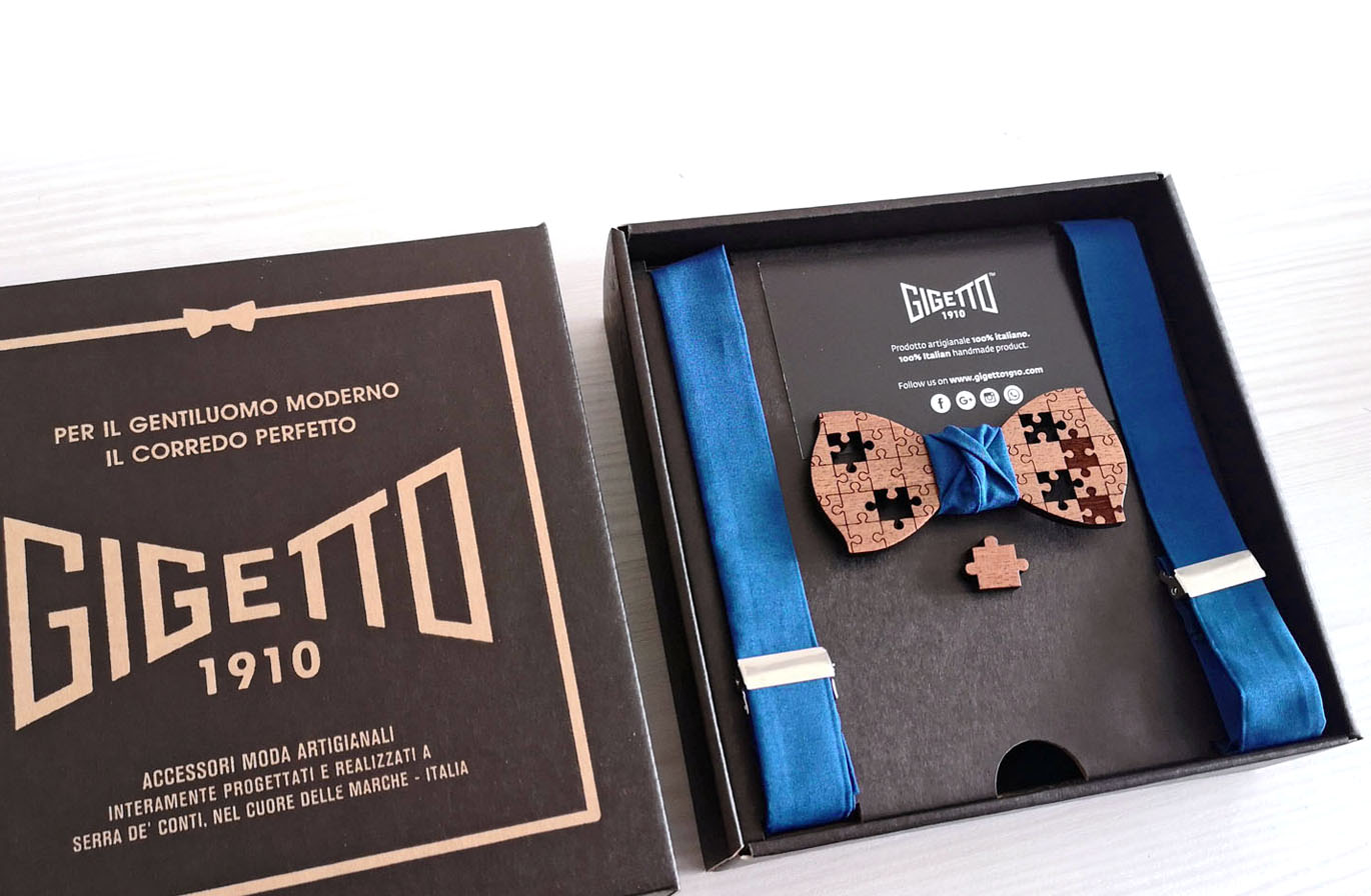 papillon gemelli legno puzzle bretelel blu spilla confezione regalo gigetto