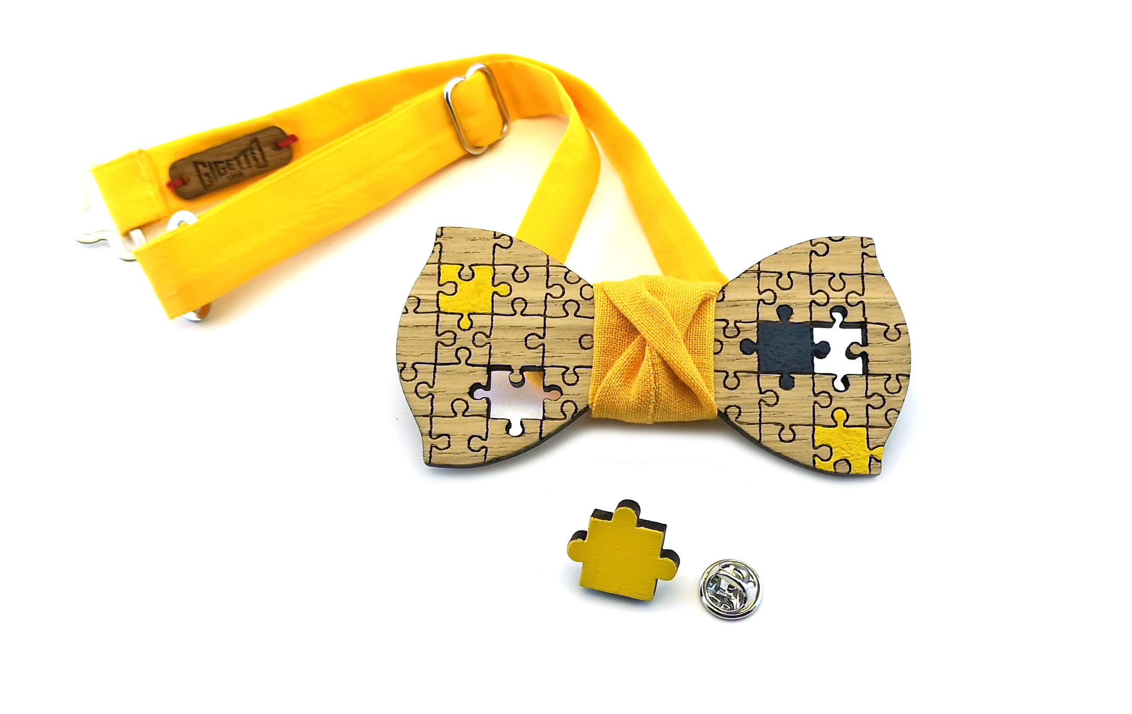 papillon legno puzzle giallo nero gigetto spilla