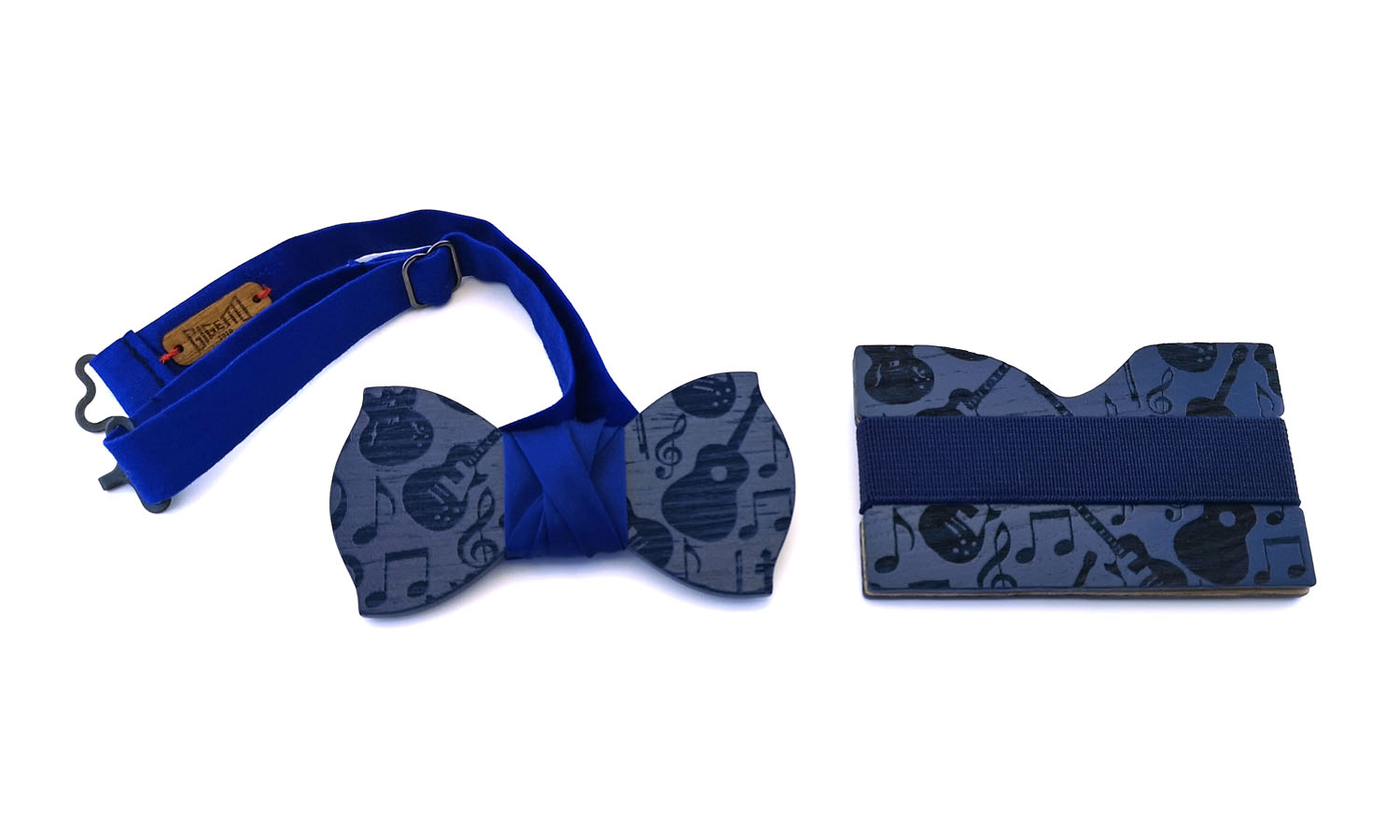 papillon portacarte portabiglietti legno blu musica chitarra gigetto