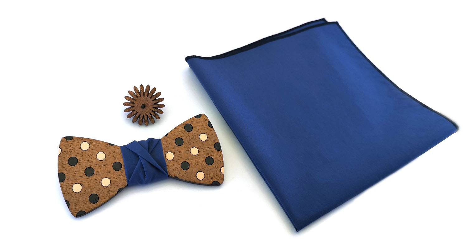 papillon spilla legno mogano pois fazzoletto taschino blu rosa