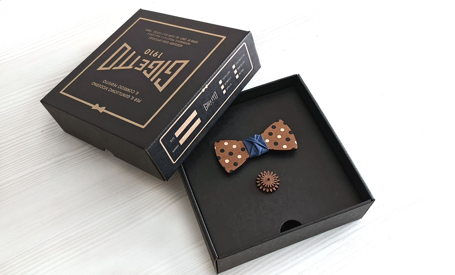 papillon spilla legno pois confezione regalo blu rosa