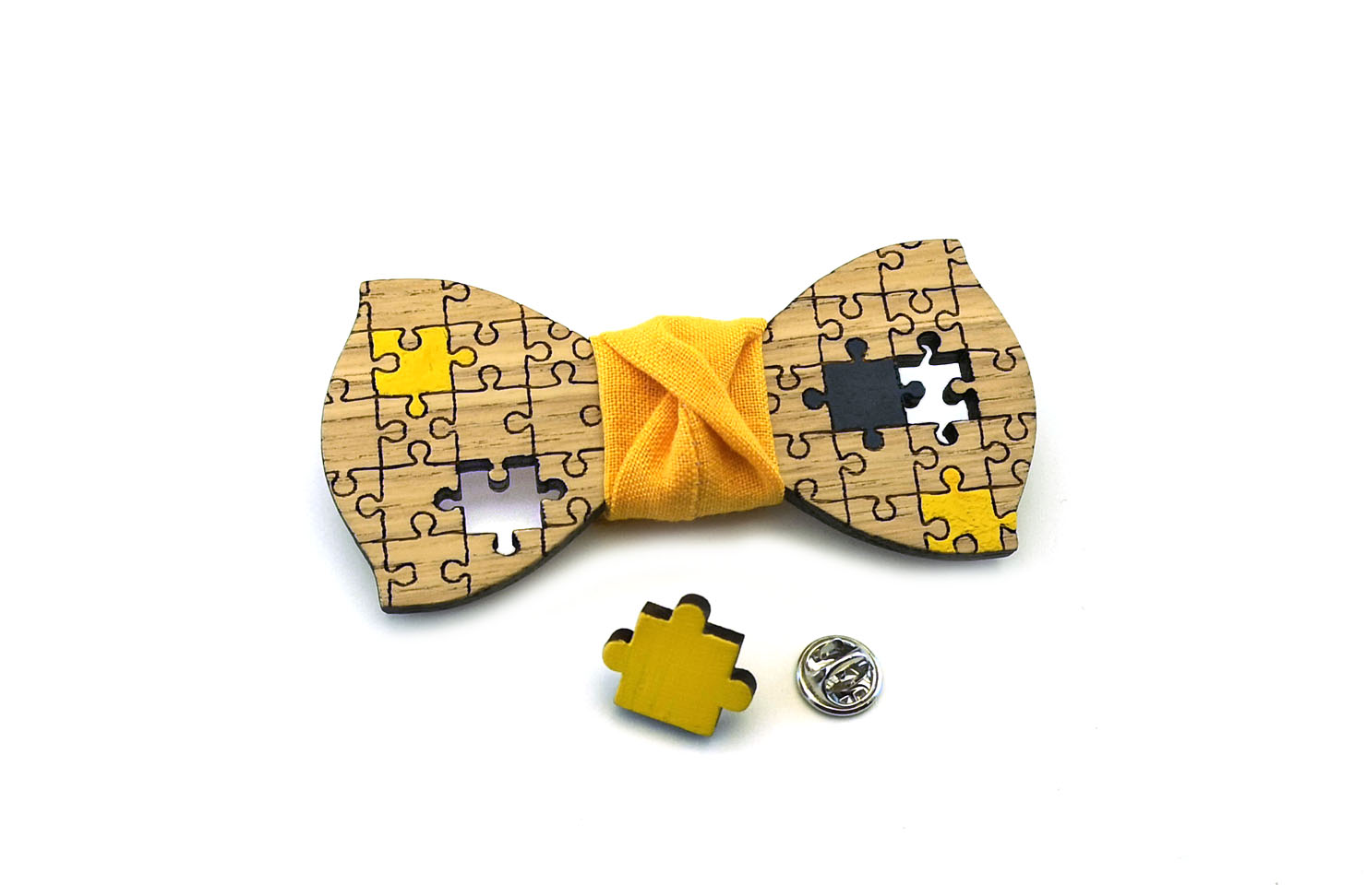 papillon spilla puzzle legno giallo nero gigetto made in italy