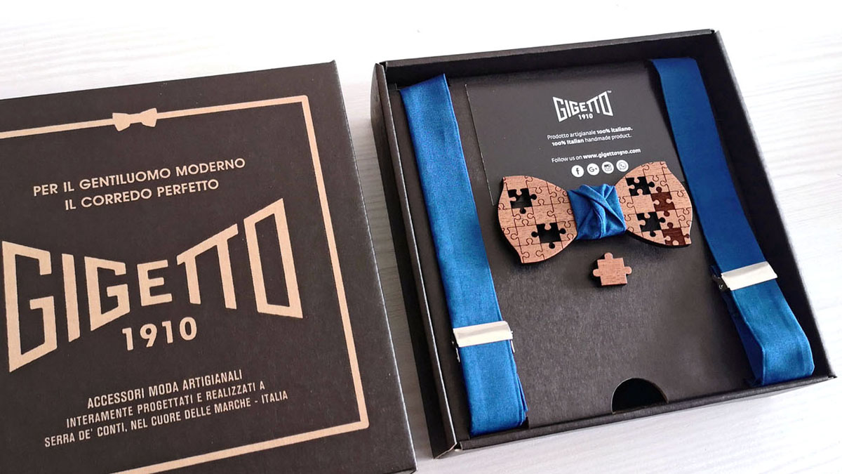 papillon gemelli legno puzzle bretelel blu spilla confezione regalo gigetto