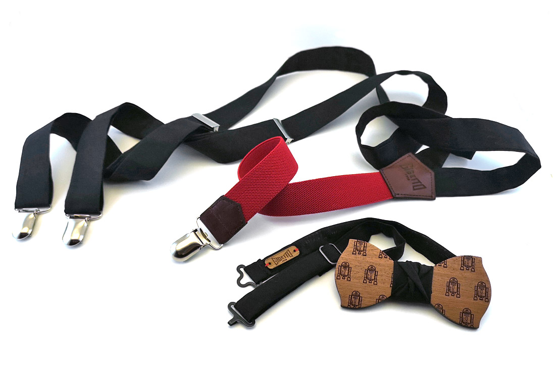 bretelle nere rosso artigianali papillon legno robot