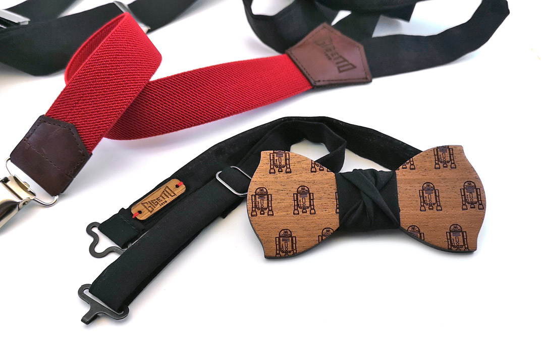 bretelle nere rosso artigianali papillon legno robot