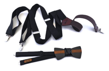 Papillon in legno di ciliegio, nodo ecopelle nero, bretelle cotone nero, elastico marrone