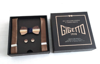 papillon gemelli legno bretelle marrone beige blu gigetto confezione regalo