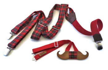 papillon legno baffo bretelle scozzese rosso tartan gigetto