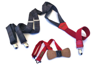 papillon legno bretelle lana scacchi blu grigio elastico rosso gigetto