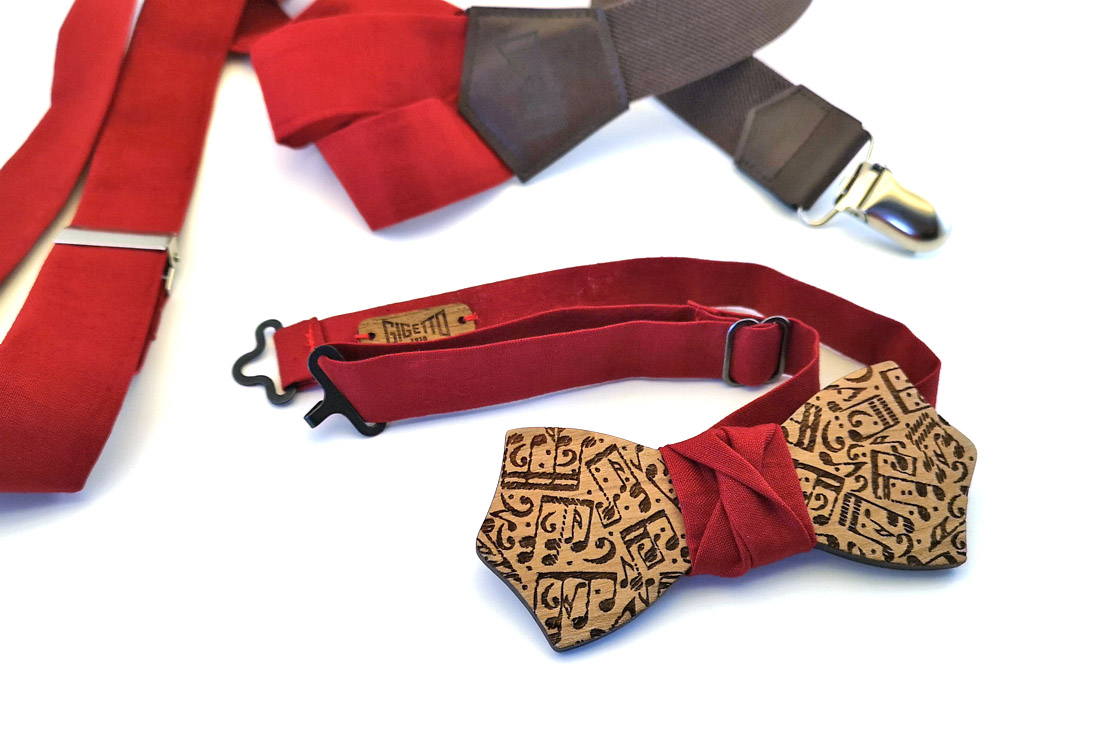 papillon legno note musica ciliegio rosso bretelle gigetto