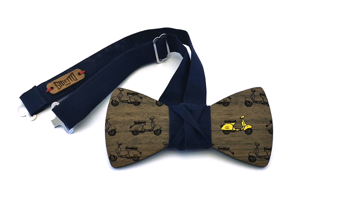 papillon legno vespa gialla blu gigetto ebano