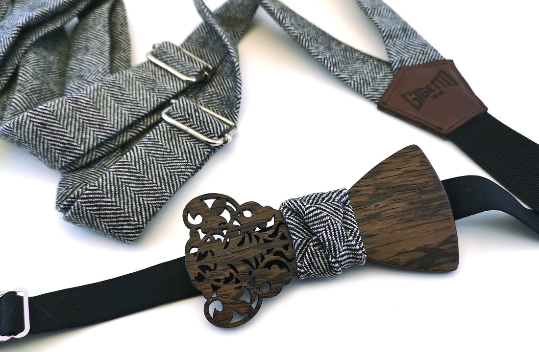 papillon legno wenge barocco traforato bretelle spina grigio nero gigetto