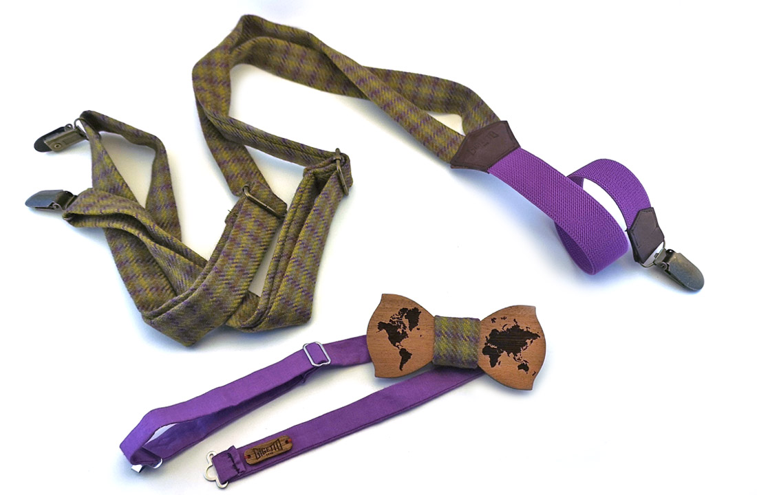 papillon mappamondo mogano bretelle lana verde elastico viola gigetto