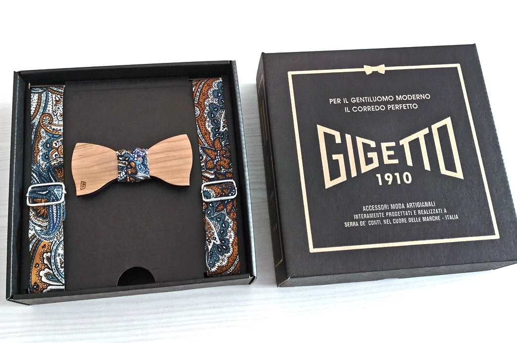 papillon bretelle paisley fantasia ciliegio legno uomo gigetto