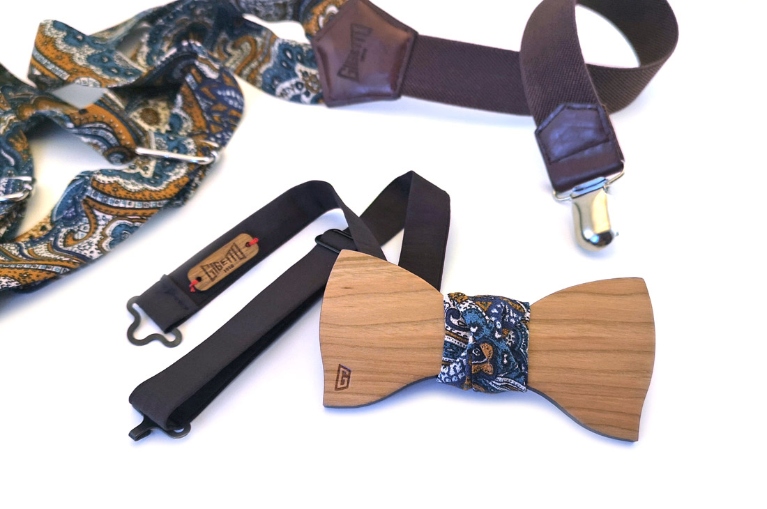 papillon bretelle paisley fantasia ciliegio legno uomo gigetto