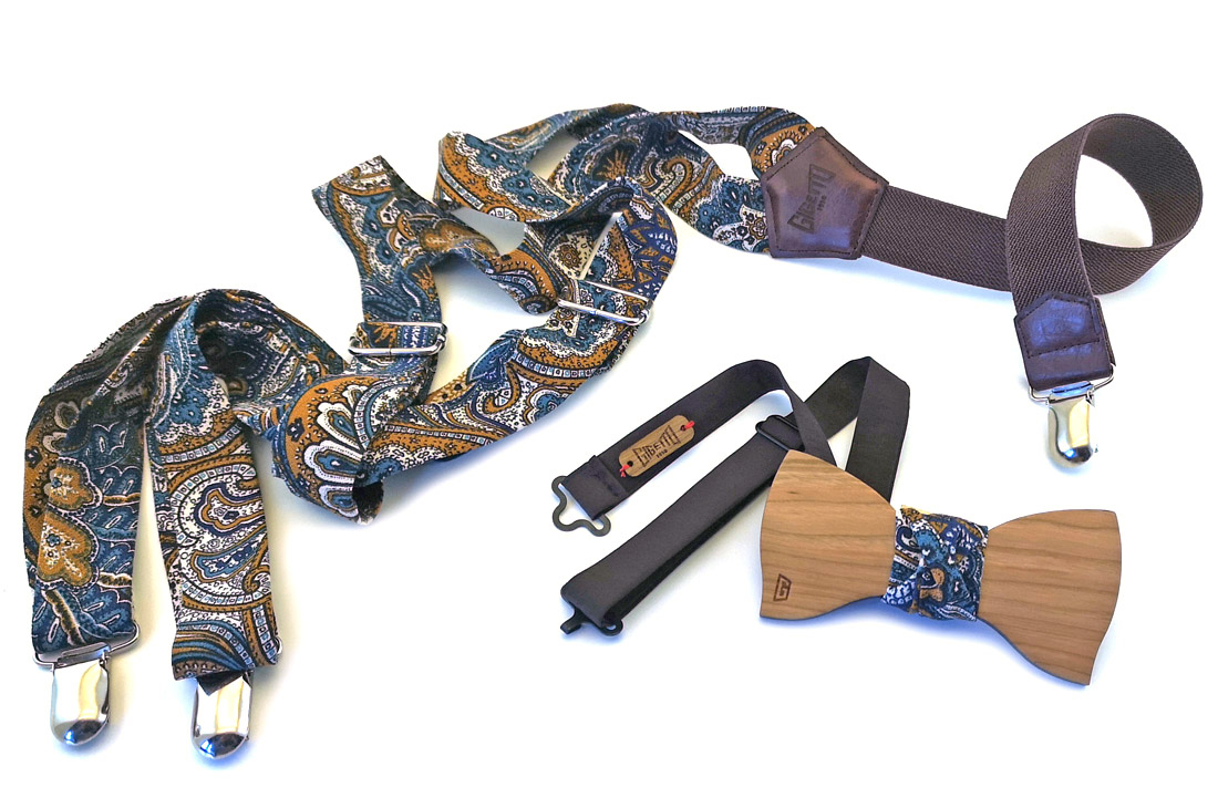 papillon bretelle paisley fantasia ciliegio legno uomo gigetto