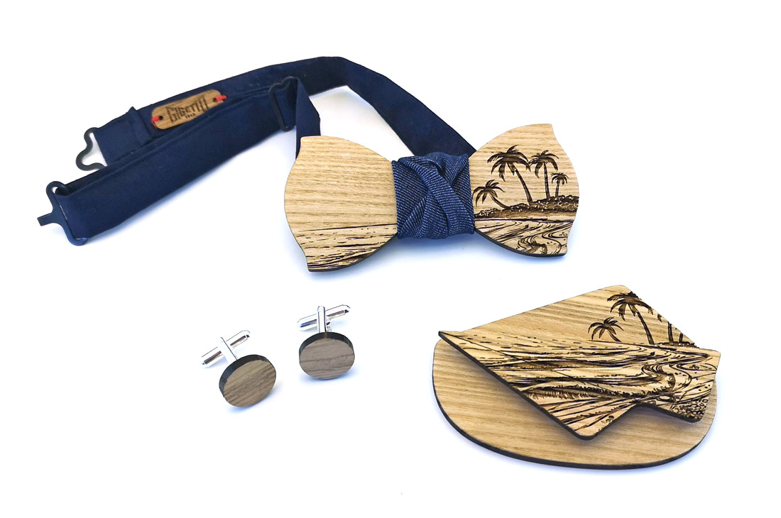 papillon gemelli fazzoletto taschino legno frassino mare spiaggia palme