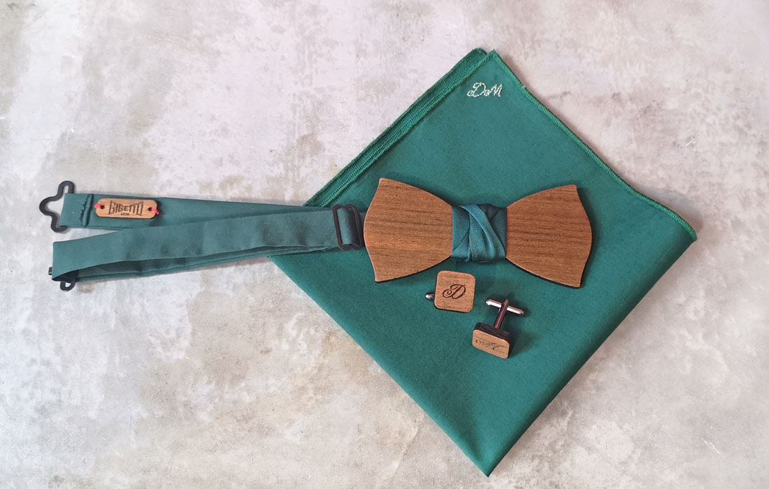 papillon legno uomo personalizzato fazzoletto taschino gemelli iniziali cucito a mano gigetto