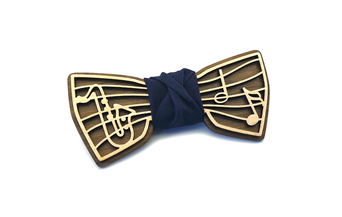 papillon musica note sassofono legno doppio strato fatto a mano made in italy blu gigetto