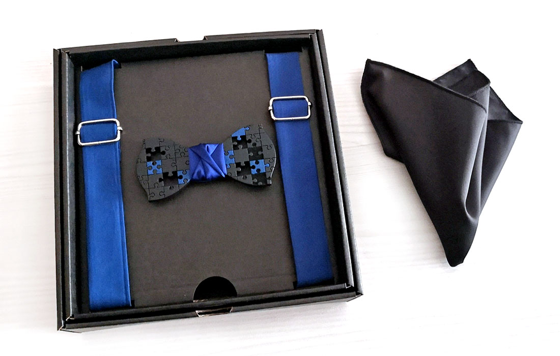 papillon puzzle legno nero bretelle blu raso fazzoletto taschino raso nero made in italy gigetto