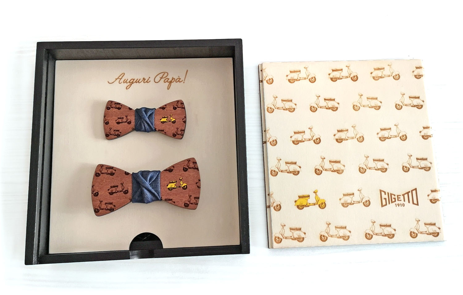 papillon adulto bambino babbo figlio legno vespa dipinto a mano blu jeans confezione regalo scatola gigetto1910
