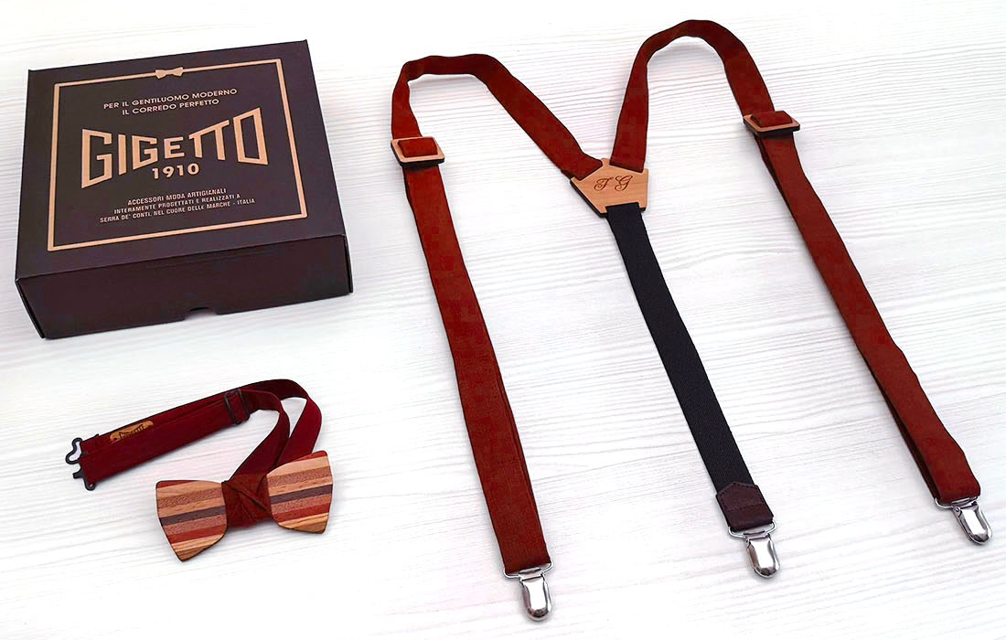 bretelle uomo inserti legno lino rosso papillon legno dandy gigetto