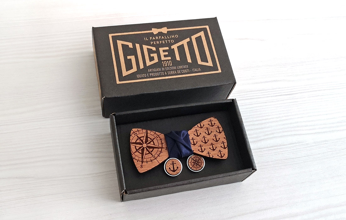papillon legno mare ancore rosa dei venti gemelli acciaio blu notte mogano regalo uomo gigetto1910