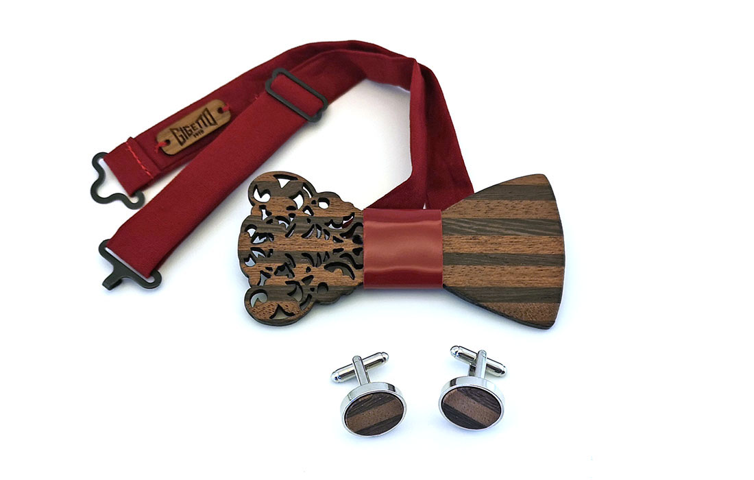 papillon legno rosso essenze varie wenge mogano barocco traforato regalo uomo elegante gemelli