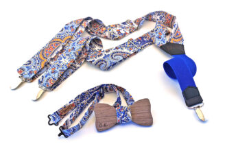 Papillon in legno grigio, bretelle cotone paisley, elastico blu