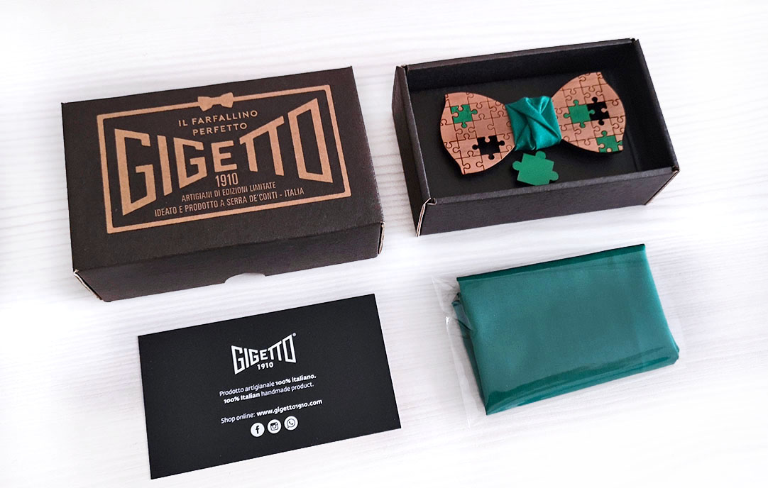 papillon puzzle legno ciliegio gemelli pochette fazzoletto taschino gigetto