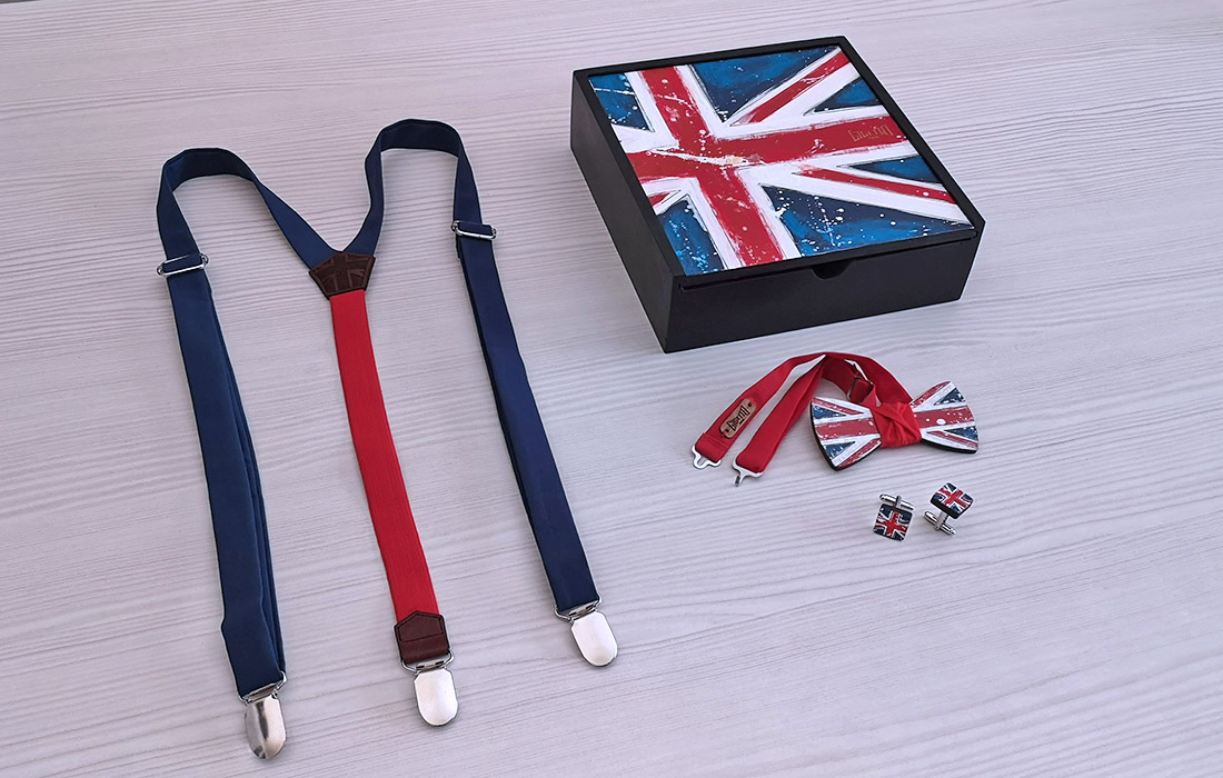 gigetto1910 papillon bretelle gemelli bandiera inglese adulto bambino legno stoffa dipinto a mano