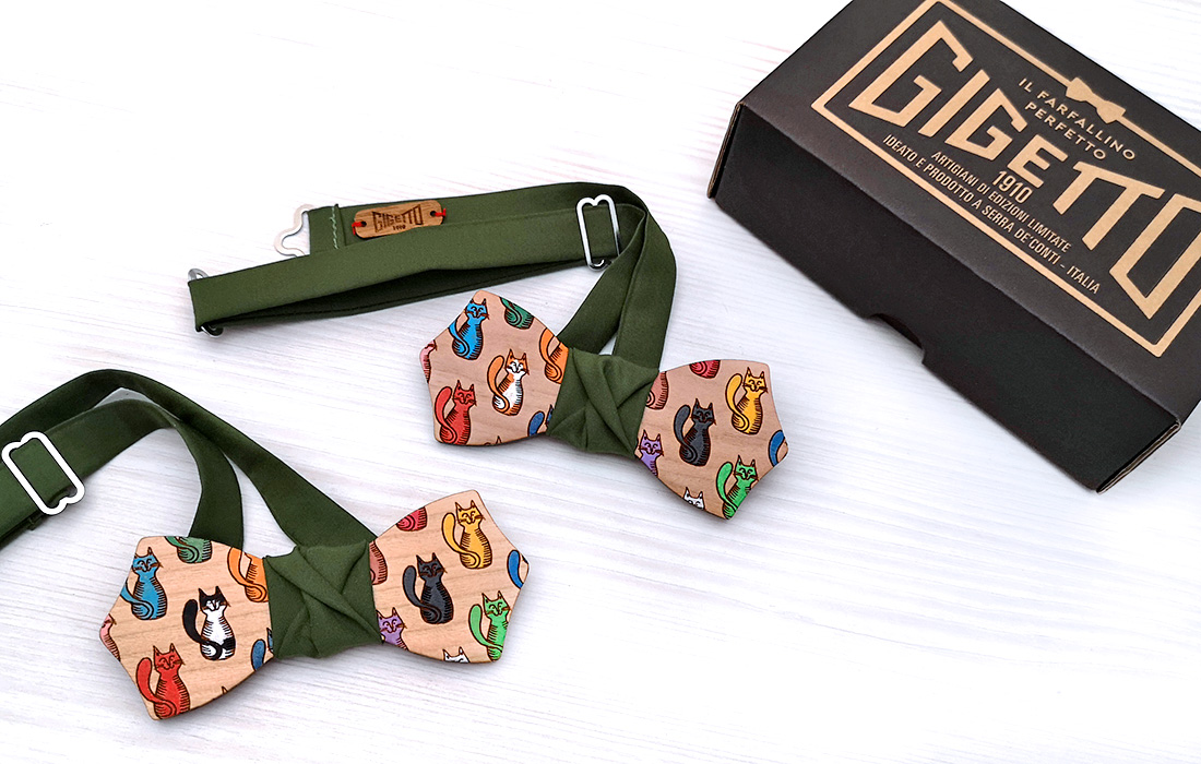 papillon legno gatti colorati Gigetto1910 confezione regalo