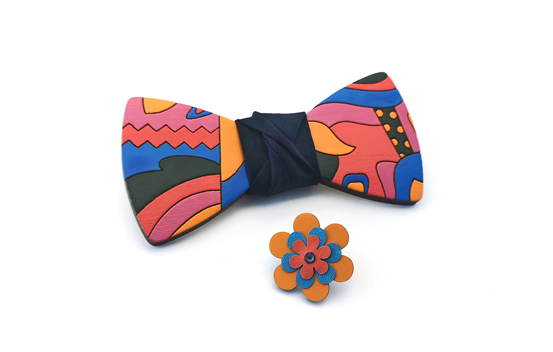 papillon legno colorato astratto geometrico giallo blu rosso fiore occhiello gigetto1910