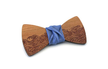 Papillon in legno di ciliegio, onde mare, nodo jeans chiaro